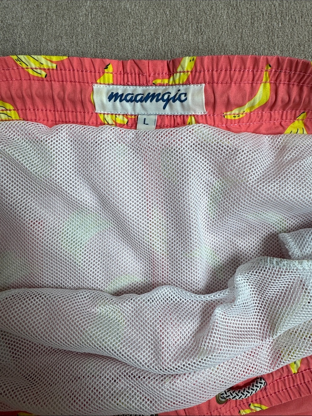 Coral Men's Swim Trunks with Yellow Banana Print - Picture 2 of 9
